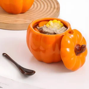 ฟักทองเซรามิค หม้อสต็อก ชามสต็อกพร้อมฝาปิด