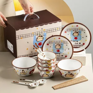 ชุดชามเซรามิค ชาม จาน ช้อน ถ้วย ชุด 6 ชิ้น กล่องของขวัญ ลายการ์ตูนน่ารัก
