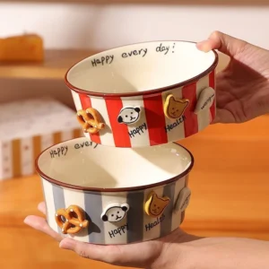 ชามข้าวโพดคั่วลายทางน่ารัก ชามเซรามิกสำหรับบะหมี่กึ่งสำเร็จรูปพร้อมฝา ชามขนมเด็กมูลค่าสูง ชามสลัดผลไม้ในครัวเรือน