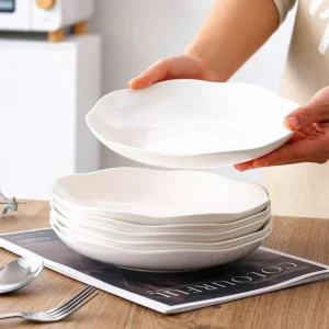 จานเซรามิคสีขาวบริสุทธิ์ ขนาด 8 นิ้ว ทรงดอกไม้ จานอาหาร จานสลัด สามารถเข้าไมโครเวฟได้