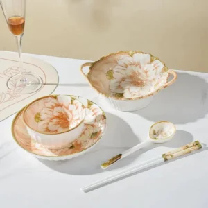 ชามเซรามิค ชามโยเกิร์ตอาหารเช้า ชุดชาม 2 ชิ้น และช้อน ลายสวยงามมาก Japanese🎏